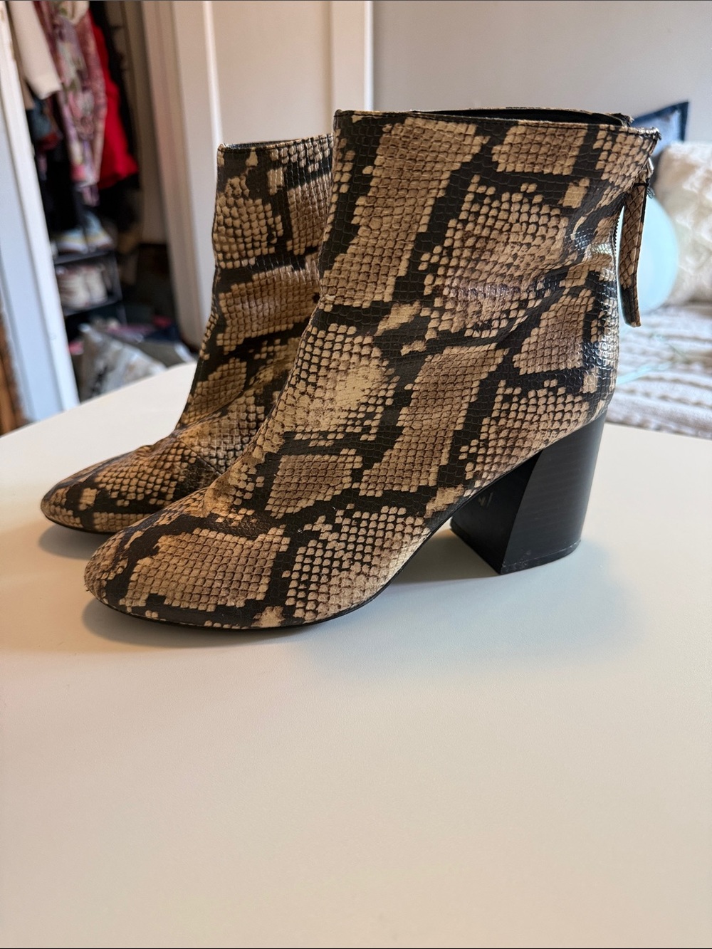 Snake-Print Block Heel Ankle Boots - Beige/Black
